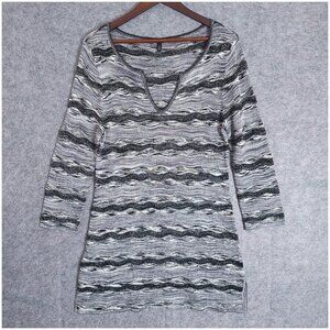 WHITE HOUSE BLACK MARKET Large Spacedye Tunic Sweater Rayon Split V-Neck Stripe